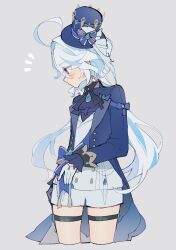 Rule 34 | 1girl, ahoge, ascot, blue ascot, blue bow, blue eyes, blue gemstone, blue hair, blue hat, blue jacket, blue ribbon, bow, commentary, cropped legs, furina (genshin impact), gem, genshin impact, gloves, grey background, hair intakes, hat, hat bow, hat ribbon, highres, hoshiyui tsukino, jacket, long hair, long sleeves, looking to the side, low twintails, multicolored hair, notice lines, ribbon, shorts, simple background, solo, streaked hair, thigh strap, top hat, twintails, white gloves, white hair, white shorts