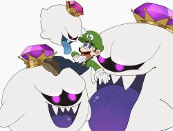 Rule 34 | 2boys, blue eyes, blue tongue, brown hair, colored tongue, crown, evil smile, facial hair, gem, ghost, gloves, hat, highres, king boo, luigi, luigi&#039;s mansion, male focus, mario (series), mimimi (mimimim9999), multiple boys, multiple persona, mustache, nintendo, open mouth, overalls, shirt, short hair, smile, teeth, tongue, tongue out, white gloves