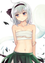 Rule 34 | 1girl, ahoge, arm behind back, bare shoulders, black hairband, black ribbon, bloomers, blue eyes, blush, breasts, chest sarashi, closed mouth, collarbone, commentary request, culter, green skirt, hair ribbon, hairband, highres, hitodama, konpaku youmu, konpaku youmu (ghost), looking to the side, medium hair, midriff, navel, ribbon, sarashi, silver hair, simple background, skirt, small breasts, solo, standing, touhou, underboob, underwear, upper body, white background