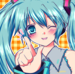 Rule 34 | 1girl, ;d, ^^^, aqua hair, blush, collared shirt, detached sleeves, eyebrows, grey shirt, hair ornament, hatsune miku, headphones, index finger raised, long hair, looking at viewer, lowres, necktie, one eye closed, open mouth, plaid, plaid background, shirt, smile, solo, tsuyuri (artist), twintails, upper body, vocaloid