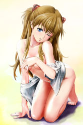 Rule 34 | 101 (lo10), 1girl, bare legs, bare shoulders, barefoot, blue eyes, breasts, collarbone, covering privates, covering breasts, hair ornament, highres, kneeling, light brown hair, long hair, looking at viewer, naked shirt, navel, neon genesis evangelion, off shoulder, one eye closed, open clothes, open shirt, parted lips, rebuild of evangelion, shirt, solo, souryuu asuka langley, two side up, underboob, very long hair