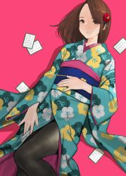 Rule 34 | 1girl, black pantyhose, brown eyes, brown hair, commentary request, hair ornament, hanafuda, highres, japanese clothes, kimono, long hair, looking at viewer, lying, on back, original, pantyhose, parted lips, pink background, sash, shadow, simple background, solo, yomu (sgt epper)