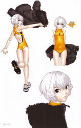 Rule 34 | !, !!, 1girl, absurdres, black eyes, blush, coat, flat chest, from behind, hakua ugetsu, highres, leotard, looking back, multiple views, no socks, one-piece swimsuit, original, scan, shoes, short hair, sneakers, swimsuit, white hair