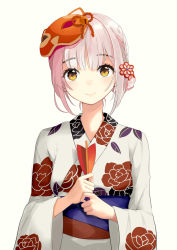 Rule 34 | 1girl, absurdres, braid, closed mouth, commentary request, daremotasuketekurenai, facing viewer, feathers, flower, genshin impact, hair flower, hair ornament, hands up, highres, holding, holding feather, japanese clothes, kimono, long sleeves, looking at viewer, mask, mask on head, unworn mask, noelle (genshin impact), short hair, silver hair, smile, solo, upper body, white kimono, wide sleeves, yellow eyes