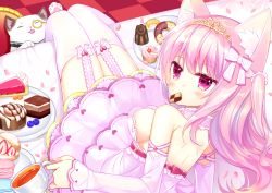Rule 34 | 1girl, animal, animal ear fluff, animal ears, blush, bow, breasts, cat, cat ears, checkerboard cookie, checkered floor, closed mouth, commentary request, cookie, cup, doughnut, dress, food, food in mouth, garter straps, hair between eyes, hair bow, holding, holding cup, layered dress, long hair, looking at viewer, looking back, medium breasts, monocle, mouth hold, original, petals, pink dress, pink hair, plate, purple eyes, shikito (yawa0w0), solo, teacup, thighhighs, very long hair, white bow, white thighhighs