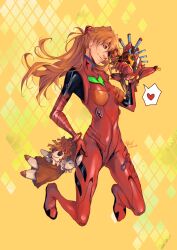 Rule 34 | 1girl, artist request, blue eyes, bodysuit, breasts, brown hair, doll, eva 02, evangelion: 3.0 you can (not) redo, eyepatch, hair between eyes, heart, highres, long hair, looking at another, mecha, medium breasts, neon genesis evangelion, plugsuit, rebuild of evangelion, red bodysuit, robot, shiny clothes, simple background, size difference, solo, souryuu asuka langley, two side up, very long hair