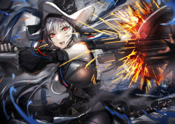 Rule 34 | 1girl, :d, arknights, bare shoulders, belt, black dress, black hat, black pantyhose, breasts, chainsaw, chuhaibane, circular saw, detached sleeves, dress, grey hair, hat, highres, holding, holding weapon, large breasts, long hair, long sleeves, looking at viewer, open mouth, pantyhose, red eyes, saw, smile, solo, specter (arknights), specter the unchained (arknights), upper body, very long hair, weapon