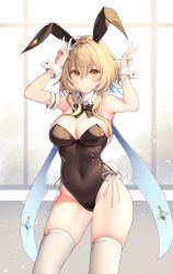 Rule 34 | 1girl, absurdres, animal ears, arm cuffs, armpits, arms up, bare arms, black bow, black leotard, blonde hair, blurry, blurry background, blush, bow, bowtie, breasts, cleavage, collar, detached collar, double v, genshin impact, hair between eyes, highres, large breasts, leotard, looking at viewer, lumine (genshin impact), no bra, playboy bunny, rabbit ears, rabbit tail, short hair, short hair with long locks, skin tight, skindentation, smile, sob (submar1089), solo, tail, thighhighs, thighs, v, white collar, white thighhighs, wrist cuffs, yellow eyes