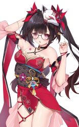Rule 34 | 1girl, :o, arm up, bell, black-framed eyewear, black choker, blush, bow, breasts, brown hair, choker, cleavage, criss-cross halter, detached sleeves, dress, fox mask, glasses, hair bow, halterneck, hand in own hair, hand up, highres, honkai: star rail, honkai (series), large breasts, legs together, long hair, looking at viewer, mask, mask on head, matrix16, nail polish, neck bell, o-ring, obi, open mouth, pelvic curtain, pink eyes, red bow, red dress, red nails, red sleeves, round eyewear, sash, short dress, short sleeves, sidelocks, simple background, skirt, sleeveless, sleeveless dress, solo, sparkle (honkai: star rail), thighs, twintails, white background