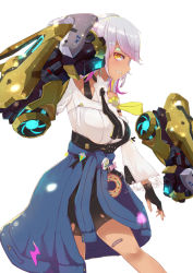 Rule 34 | 1girl, absurdres, amomo, bandages, bare shoulders, black gloves, carole pepper, clothes around waist, dark-skinned female, dark skin, gloves, highres, honkai (series), honkai impact 3rd, jacket, jacket around waist, looking at viewer, looking to the side, mechanical arms, necktie, shorts, simple background, smile, solo, white background, white hair, yellow eyes