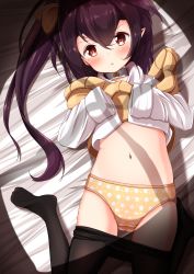 Rule 34 | 1girl, azur lane, bed sheet, beige sweater, black hair, black pantyhose, blush, bow, clothes lift, clothes pull, commentary request, hair between eyes, hair bow, hair ornament, highres, isuzu (azur lane), long hair, long sleeves, looking at viewer, lying, navel, on back, on bed, open mouth, oversized clothes, panties, pantyhose, pantyhose pull, polka dot, polka dot panties, red eyes, shirt, shirt lift, side ponytail, sleeves past wrists, solo, sweater, sweater lift, tearing up, underwear, white shirt, yellow bow, yellow panties