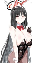 Rule 34 | 1girl, animal ears, bare shoulders, black hair, black leotard, blue archive, blush, bow, bowtie, breasts, brown pantyhose, clearite, cleavage, covered navel, detached collar, fake animal ears, fake tail, hair ornament, hairclip, halo, highleg, highleg leotard, large breasts, leotard, long hair, looking at viewer, pantyhose, parted lips, playboy bunny, rabbit ears, rabbit tail, red eyes, rio (blue archive), solo, tail, very long hair, wrist cuffs