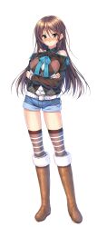 Rule 34 | 1girl, absurdres, amakano ~second season~, argyle, azarashi soft, belt, blush, boots, brown footwear, brown hair, crossed arms, denim, denim shorts, full body, fur-trimmed boots, fur trim, game cg, hair ornament, hairclip, highres, ichinose honami (amakano), knee boots, long hair, long sleeves, nose blush, piromizu, shorts, solo, striped clothes, striped thighhighs, tachi-e, thighhighs, transparent background, yellow eyes