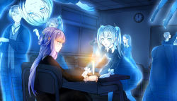 Rule 34 | 2boys, 4girls, blue eyes, candle, chalkboard, clock, desk, eye contact, ghost, glasses, hair ornament, hair stick, indoors, leaning forward, long hair, looking at another, looking at viewer, multiple boys, multiple girls, original, ponytail, purple hair, school, school uniform, short hair, short twintails, sitting, suyao (3mol), twintails