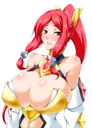 Rule 34 | 1girl, arc system works, bare shoulders, blazblue, blazblue: chronophantasma, breasts, huge breasts, izayoi (blazblue), kanten, long hair, red eyes, red hair, simple background, solo, sweat, white background