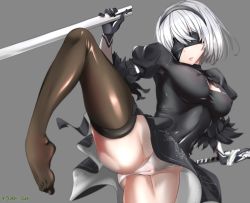 Rule 34 | 1girl, 2b (nier:automata), artist name, ass, bad id, bad pixiv id, black dress, black gloves, black hairband, blindfold, breasts, brown thighhighs, cameltoe, cleavage, cleavage cutout, clothing cutout, covered erect nipples, covered eyes, covered navel, cowboy shot, dress, feet, gero-gh, gloves, grey background, groin, hair over eyes, hairband, hand up, highleg, highleg leotard, holding, holding sword, holding weapon, juliet sleeves, katana, large breasts, leg up, legs apart, leotard, long sleeves, nier:automata, nier (series), no shoes, parted lips, partially visible vulva, pink lips, plantar flexion, puffy sleeves, scabbard, sheath, short dress, short hair, silver hair, simple background, skin tight, solo, standing, standing on one leg, sword, thighhighs, thighs, thong leotard, toes, turtleneck, unsheathed, upskirt, vambraces, weapon, white leotard