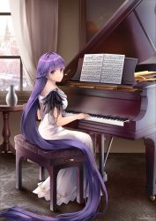 Rule 34 | 1girl, absurdly long hair, absurdres, backless dress, backless outfit, black feathers, braid, breasts, closed mouth, commission, commissioner upload, curtains, dress, feathers, fire emblem, fire emblem: the binding blade, fire emblem cipher, fire emblem heroes, french braid, full body, grand piano, highres, hood, indoors, instrument, long dress, long hair, looking at viewer, medium breasts, music, nintendo, painting (object), peppermoonflakes, piano, piano bench, piano keys, playing instrument, playing piano, purple eyes, purple hair, room, sheet music, signature, sitting, smile, solo, sophia (fire emblem), table, town, vase, very long hair, watermark, white curtains, white dress, window
