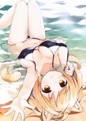 Rule 34 | 1girl, absurdres, ahoge, animal ears, bikini, black bikini, breasts, brown eyes, brown hair, cat ears, cat tail, cleavage, closed mouth, collarbone, highres, kutata, looking at viewer, lying, medium breasts, navel, on back, original, partially submerged, scan, short hair, smile, solo, stomach, swimsuit, tail, thighs, untied bikini, water, wet