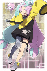 Rule 34 | 1girl, ;d, arm up, bike shorts, boots, border, commentary request, creatures (company), eyelashes, game freak, green hair, grey footwear, grey shirt, hand up, highres, iono (pokemon), knees, long hair, minato (rigu hm), multicolored hair, nintendo, one eye closed, open mouth, pink hair, pokemon, pokemon sv, shirt, single leg pantyhose, sleeveless, sleeveless shirt, sleeves past fingers, sleeves past wrists, smile, solo, teeth, thigh strap, twintails, two-tone hair, upper teeth only, white border