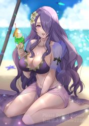 Rule 34 | 1girl, beach, bikini, breasts, camilla (fire emblem), camilla (summer) (fire emblem), cleavage, fire emblem, fire emblem fates, fire emblem heroes, hair ornament, hair over one eye, holding, juice, large breasts, long hair, navel, nintendo, open mouth, purple bikini, purple eyes, purple hair, sarong, sitting, snow20200, solo, swimsuit, very long hair