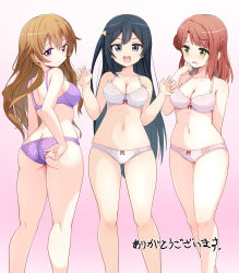 Rule 34 | 3girls, adjusting clothes, adjusting necktie, arm behind back, arms up, ass, black hair, blush, bow, bow panties, bra, breasts, brown hair, butt crack, cleavage, commission, expressionless, gluteal fold, green eyes, grey eyes, hair bun, hair ornament, hairclip, hand to own mouth, highres, kneepits, konoe kanata, long hair, looking at viewer, looking back, love live!, love live! nijigasaki high school idol club, medium breasts, mogura2009, multiple girls, navel, necktie, one side up, open mouth, panties, pink bra, pink eyes, pink panties, purple bra, purple panties, short hair, skeb commission, smile, standing, stomach, thighs, uehara ayumu, underwear, underwear only, white bra, white panties, yuki setsuna (love live!)