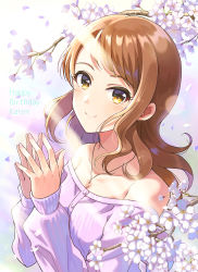 Rule 34 | 1girl, bare shoulders, branch, breasts, brown eyes, brown hair, character name, cleavage, commentary request, fingers together, flower, happy birthday, highres, hojo karen, idolmaster, idolmaster cinderella girls, jewelry, light blush, long sleeves, looking at viewer, medium breasts, necklace, off-shoulder shirt, off shoulder, pink shirt, shirt, smile, solo, tazu, upper body
