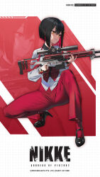 Rule 34 | 1girl, black hair, bob cut, formal, goddess of victory: nikke, gun, high heels, highres, inverted bob, official art, orange eyes, rifle, rouge (nikke), short hair, smile, sniper rifle, solo, squatting, suit, weapon