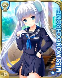 Rule 34 | 1girl, blue eyes, blue neckwear, blue shirt, blue skirt, blunt bangs, card (medium), character name, closed mouth, day, girlfriend (kari), hair ornament, hairclip, miss monochrome, miss monochrome (character), official art, outdoors, qp:flapper, sailor uniform, shirt, skirt, smile, solo, standing, tagme, thighhighs, torn clothes, twintails, white footwear, white hair