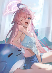 Rule 34 | 1girl, ahoge, blue archive, blue camisole, blue eyes, blue shorts, blush, camisole, fang, hair between eyes, highres, hoshino (blue archive), inflatable toy, inflatable whale, konatsu hare, long hair, looking at viewer, navel, one eye closed, open mouth, pink hair, shorts, skin fang, smile, solo, twitter username