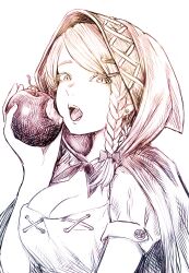 Rule 34 | 1girl, apple, braid, breasts, cleavage, cloak, commentary request, disorder!, earrings, fangs, food, fruit, hair ornament, hairclip, highres, holding, holding food, holding fruit, hood, hood up, jewelry, large breasts, little red riding hood, little red riding hood (grimm), looking at viewer, medium hair, open mouth, short sleeves, side braid, simple background, solo, teeth, upper body, white background