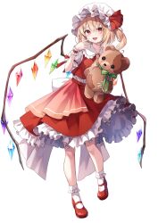 Rule 34 | 1girl, :d, back bow, blonde hair, bobby socks, bow, crystal, eyebrows hidden by hair, flandre scarlet, flat chest, full body, hand up, highres, holding, holding stuffed toy, kure~pu, looking at viewer, mary janes, medium hair, one side up, open mouth, petticoat, pink eyes, red footwear, red skirt, red vest, shoes, simple background, skirt, smile, socks, solo, standing, standing on one leg, stuffed animal, stuffed toy, teddy bear, touhou, vest, white background, wings