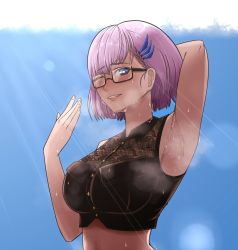 Rule 34 | 1girl, absurdres, arm behind head, arm up, armpits, black shirt, blouse, blue eyes, blue sky, blush, border, braid, buttons, collared shirt, crop top, fanning, fanning face, glasses, glint, hair ornament, hairclip, highres, hololive, hololive indonesia, holoro, hot, lips, midriff, one eye closed, p.a.l.m, pavolia reine, pink hair, shirt, short hair, single braid, sky, sleeveless, smile, steam, sunlight, sweat, upper body, virtual youtuber, wet, white border