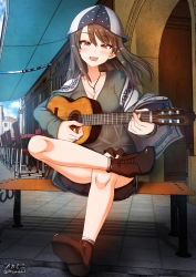 Rule 34 | 1girl, black skirt, blush, breasts, brown eyes, brown hair, cleavage, girls und panzer, guitar, hat, highres, instrument, jewelry, large breasts, long hair, looking at viewer, megadeko, mika (girls und panzer), miniskirt, necklace, open mouth, outdoors, pleated skirt, skirt, smile, solo