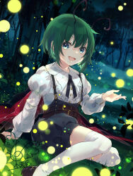 Rule 34 | 1girl, :d, adapted costume, antennae, arm support, blue eyes, bug, cape, commentary, embellished costume, firefly, foot out of frame, forest, grass, green hair, hair between eyes, highres, insect, juliet sleeves, long sleeves, looking at viewer, nature, night, on ground, open mouth, over-kneehighs, puffy sleeves, short hair, sitting, smile, solo, thighhighs, touhou, toutenkou, tree, white thighhighs, wriggle nightbug, yokozuwari