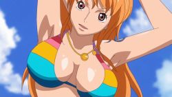 Rule 34 | animated, animated gif, bikini, bouncing breasts, breasts, cleavage, large breasts, long hair, nami (one piece), one piece, one piece special: glorious island, orange hair, swimsuit