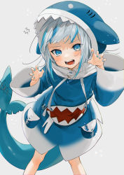 Rule 34 | 1girl, animal hood, blue eyes, blue hair, blue jacket, blue nails, commentary request, fingernails, fins, fish tail, gawr gura, gawr gura (1st costume), gotou (nekocat), grey background, highres, hololive, hololive english, hood, hooded jacket, jacket, long sleeves, looking at viewer, multicolored hair, nail polish, open mouth, shark hood, shark tail, sharp teeth, simple background, solo, standing, tail, teeth, two-tone hair, virtual youtuber, white hair