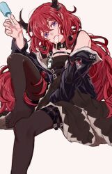 Rule 34 | 1girl, arknights, ayahito (aya10n), black dress, black jacket, black thighhighs, breasts, cleavage, demon girl, demon horns, detached collar, dress, food, food in mouth, highres, holding, holding food, holding popsicle, horns, id card, jacket, long hair, medium breasts, off shoulder, open clothes, open jacket, popsicle, popsicle in mouth, purple eyes, red hair, simple background, soles, solo, surtr (arknights), thighhighs, white background
