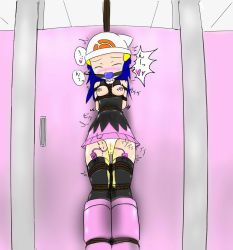 Rule 34 | 1girl, arms behind back, artist request, ball gag, bare shoulders, bathroom, bdsm, black shirt, black thighhighs, blue hair, blush, bondage, boots, bound, breasts, breasts out, cameltoe, closed eyes, controller, creatures (company), dawn (pokemon), door, drooling, egg vibrator, female focus, gag, gagged, game freak, hair ornament, hairclip, hat, heart, highres, indoors, japanese text, jpeg artifacts, knee boots, nintendo, nipple stimulation, nose blush, panties, peeing, peeing self, pink footwear, pink skirt, poke ball theme, pokemon, pokemon dppt, pussy, remote control, remote control vibrator, saliva, see-through, sex toy, shibari, shibari over clothes, shiny clothes, shiny skin, shirt, skirt, sleeveless, sleeveless shirt, small breasts, solo, speech bubble, spoken heart, standing, tape, tears, thighhighs, translation request, trembling, uncensored, underwear, upskirt, vibrator, vibrator cord, vibrator in thighhighs, vibrator on nipple, vibrator under clothes, vibrator under panties, wet, wet clothes, wet panties, white hat, white panties