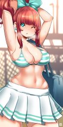 Rule 34 | 1girl, aqua bow, aqua eyes, armpits, arms up, bag, bags under eyes, bikini, bikini top only, blurry, blurry background, bow, breasts, cleavage, earrings, hair bow, highres, jewelry, kenron toqueen, large breasts, looking at viewer, navel, one eye closed, original, parted lips, pleated skirt, red hair, shoulder bag, sidelocks, skirt, solo, swimsuit, tomatita, white skirt