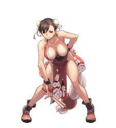 Rule 34 | 1girl, alternate costume, bare shoulders, breasts, bun cover, capcom, chun-li, closed mouth, collarbone, commentary, double bun, earrings, floral print, full body, hair bun, hair ornament, hand fan, hand on own hip, highres, holding, japanese clothes, jewelry, large breasts, lips, looking at viewer, makeup, ninja, obi, pelvic curtain, revealing clothes, sash, simple background, sleeveless, solo, standing, street fighter, street fighter ii (series), the king of fighters, thighs, white background