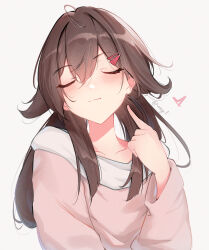 Rule 34 | 1girl, absurdres, ahoge, artist name, blush, brown hair, closed eyes, closed mouth, collarbone, commentary, film grain, genshin impact, hair between eyes, hair ornament, hairclip, hand up, highres, hu tao (genshin impact), light smile, long hair, long sleeves, pink shirt, pointing, pointing at self, shirt, simple background, solo, upper body, vincent leo, waiting for kiss, white background, white shirt