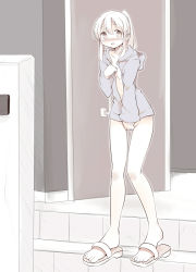 Rule 34 | 1girl, blue hoodie, blush, breasts, collarbone, covering privates, covering crotch, door, embarrassed, exhibitionism, highres, hood, hoodie, house, kamome shop, long hair, long sleeves, looking at viewer, monochrome, open clothes, open hoodie, open mouth, ponytail, public indecency, sandals, small breasts, stairs, standing