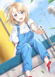 Rule 34 | 1girl, antenna mast, blonde hair, blue eyes, blue overalls, blue sky, blurry, blurry background, cloud, cross-laced footwear, day, dutch angle, foot out of frame, hair blowing, high tops, ladder, leaf, light blush, looking at viewer, open mouth, original, outdoors, outstretched hand, overalls, pants, pants rolled up, red footwear, shirt, shoes, short hair, short sleeves, sitting, sky, sneakers, solo, swept bangs, teeth, tomboy, unya (unya-unya), upper teeth only, white shirt, wind