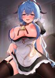 Rule 34 | 1girl, ahoge, alternate costume, apron, ayomo ro, bell, black dress, black thighhighs, blue hair, blurry, blurry background, blush, breasts, breasts out, breath, clothes lift, cowbell, dress, dress lift, enmaided, ganyu (genshin impact), garter straps, genshin impact, goat horns, hair between eyes, highres, horns, inverted nipples, large breasts, lifted by self, long hair, looking at viewer, maid, maid apron, open mouth, purple eyes, smile, solo, thighhighs, thighs