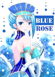 Rule 34 | 10s, 1girl, backless outfit, bare shoulders, blue eyes, blue hair, blue rose (tiger &amp; bunny), breasts, character name, earrings, elbow gloves, female focus, gloves, hat, jewelry, karina lyle, lipstick, makeup, matching hair/eyes, medium breasts, plant, short hair, solo, superhero costume, tiger &amp; bunny, torotoro, white background