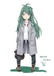 Rule 34 | 1girl, :o, alternate costume, antenna hair, bag, blush, brown footwear, casual, commentary request, contemporary, floral print, frog hair ornament, full body, green eyes, green hair, grey jacket, grey pants, hair ornament, hand in pocket, highres, holding, holding bag, jacket, kochiya sanae, long hair, long sleeves, open clothes, open jacket, pants, parted lips, plaid, plaid pants, shirt, shoes, sidelocks, simple background, sleeves past wrists, snake hair ornament, solo, standing, swept bangs, touhou, toutenkou, translation request, unmoving pattern, white background, white shirt
