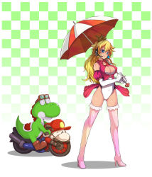 Rule 34 | 1girl, bare shoulders, blonde hair, blue eyes, boots, breasts, checkered background, cleavage, cleavage cutout, clothing cutout, crown, earrings, elbow gloves, gloves, goggles, headset, high heels, highleg, highleg leotard, jewelry, kara (color), large breasts, leotard, long hair, mario, mario (series), mario kart, motor vehicle, motorcycle, nintendo, objectification, pink footwear, pink thighhighs, princess peach, race queen, revision, shadow, shoes, smile, standing, thigh boots, thighhighs, umbrella, vehicle, white leotard, yoshi
