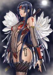 Rule 34 | 1girl, bare shoulders, black hair, blue hair, blunt bangs, breasts, bridal gauntlets, cloud, cloudy sky, covered erect nipples, cowboy shot, dated, earrings, fingernails, fishnet thighhighs, fishnet top, fishnets, flower, from side, full moon, green eyes, groin, halterneck, headband, holster, jewelry, kunai, leotard, long fingernails, long hair, looking afar, mole, mole under mouth, moon, nail polish, night, night sky, ninja, original, outdoors, parted bangs, sheath, sheathed, sideboob, sidelocks, signature, sky, small breasts, solo, standing, sword, tattoo, thigh holster, thighhighs, toned, tsukasa jun, turtleneck, underboob, vambraces, very long hair, weapon, yellow eyes