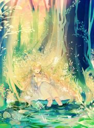 Rule 34 | bad id, bad pixiv id, blonde hair, dress, closed eyes, flower, forest, hair flower, hair ornament, itamidome, lying, nature, on back, original, partially submerged, plant, sleeping, solo, vines, water