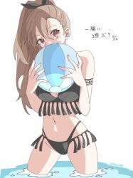 Rule 34 | arm behind head, armpits, balloon, bare legs, belly, black one-piece swimsuit, blush, breasts, brown hair, bwave968, cleavage, collarbone, eydis (sao), hair between eyes, hair ornament, happy, large breasts, looking at viewer, navel, one-piece swimsuit, ponytail, red eyes, ribbon, signature, smile, swimsuit, sword art online, sword art online: alicization, tattoo, white background